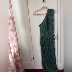 One shoulder Grecian style draping maxi knit dress